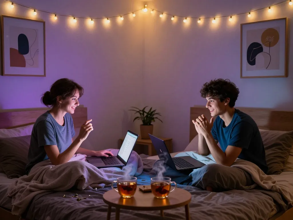 Intimate online sexchat scene with playful interaction on laptops in cozy bedroom.
