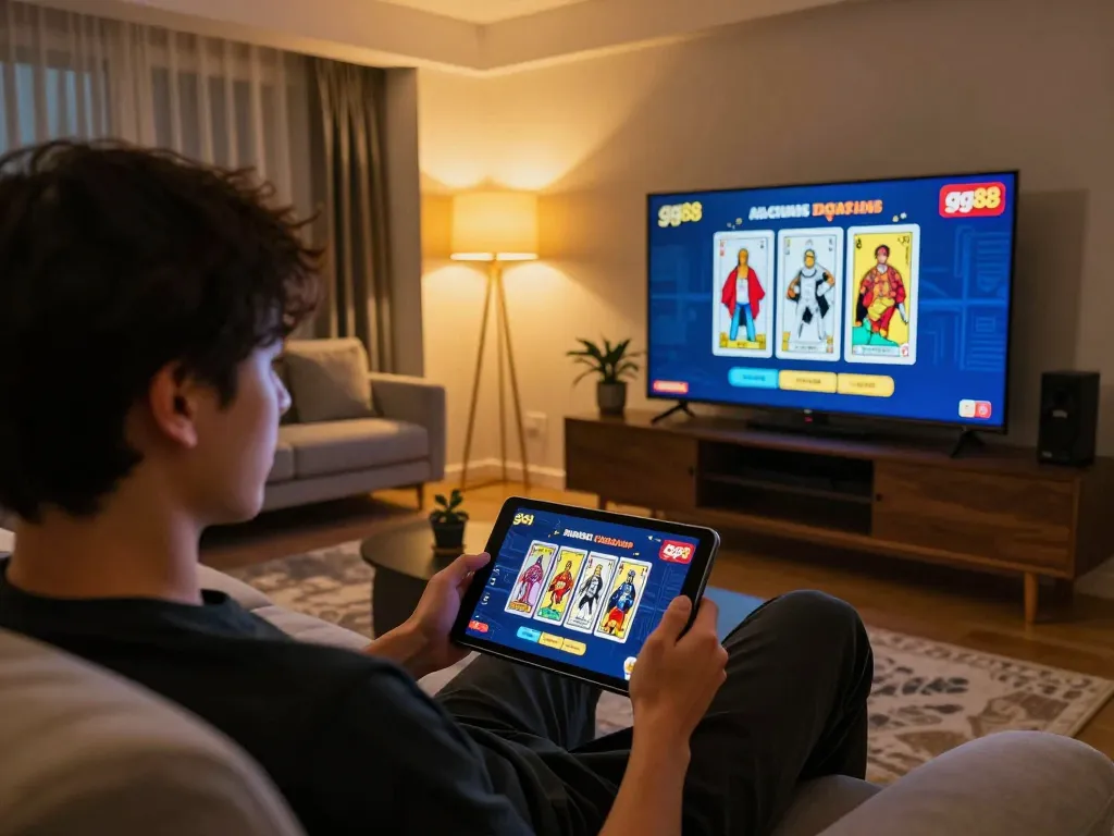 Player engaging with gg88 online casino on tablet in a cozy living room setting