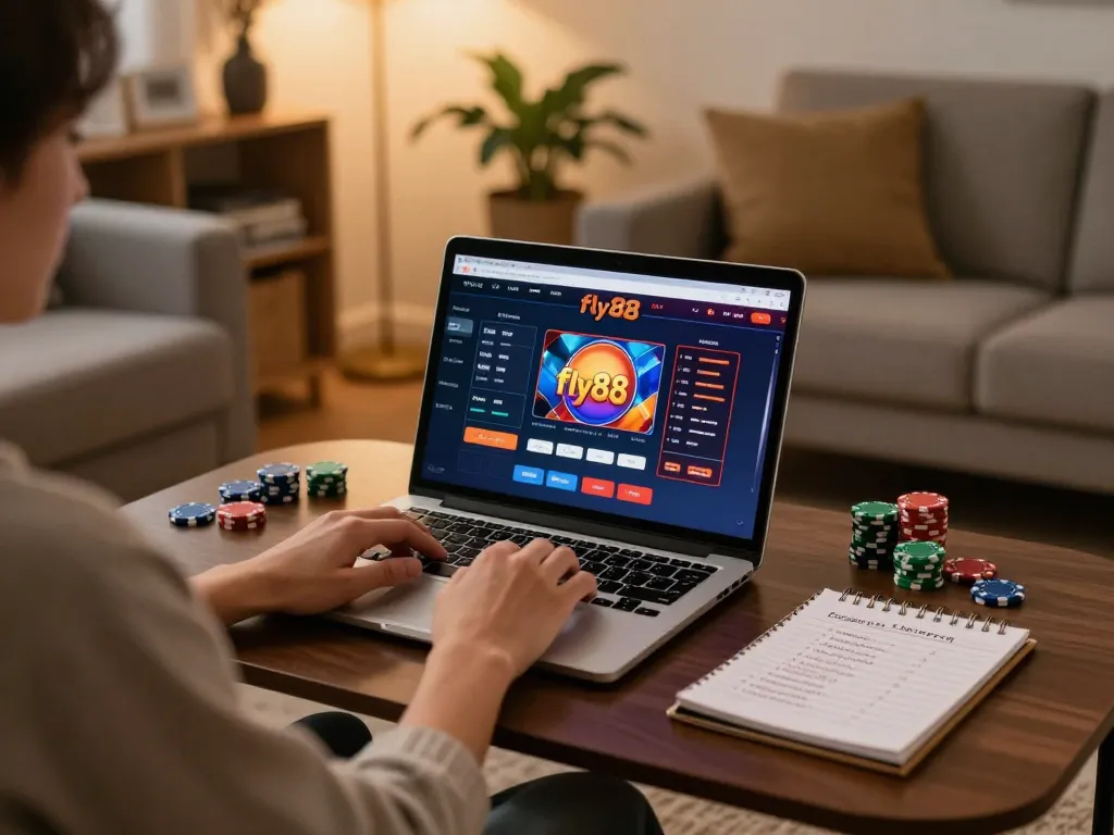 Player engaging with fly88’s online casino on a laptop, showcasing strategic gameplay.