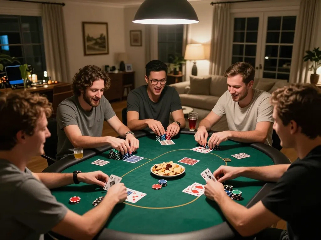 Players at a home poker game enjoying win678 com with chips and cards on the table