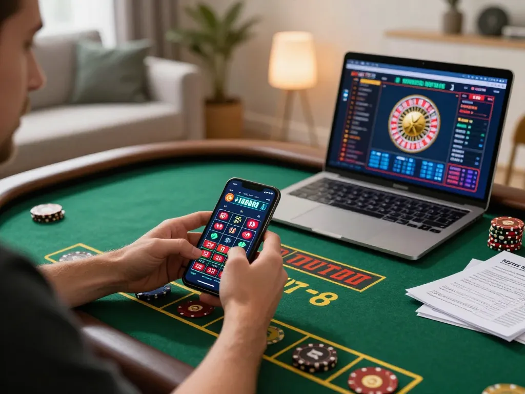Players engaging in sc88 online roulette gaming on smartphone while immersed in comfortable home environment.