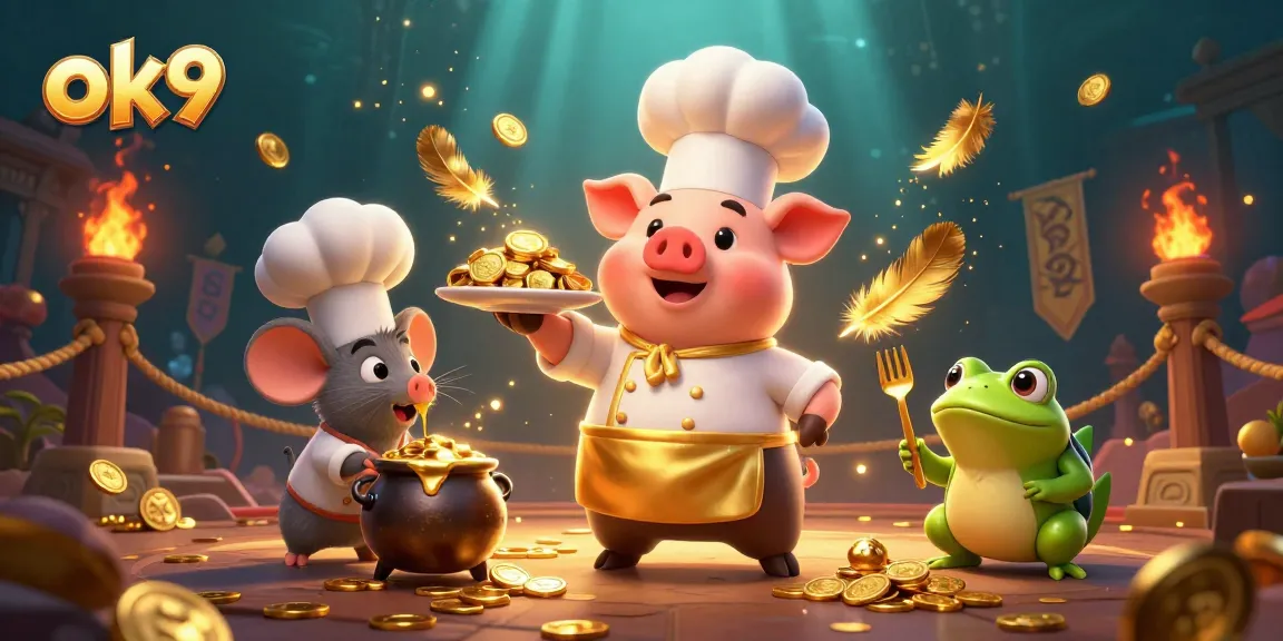 Betting big with ok9: Chef pig serves gold coins in a lively casino scene.