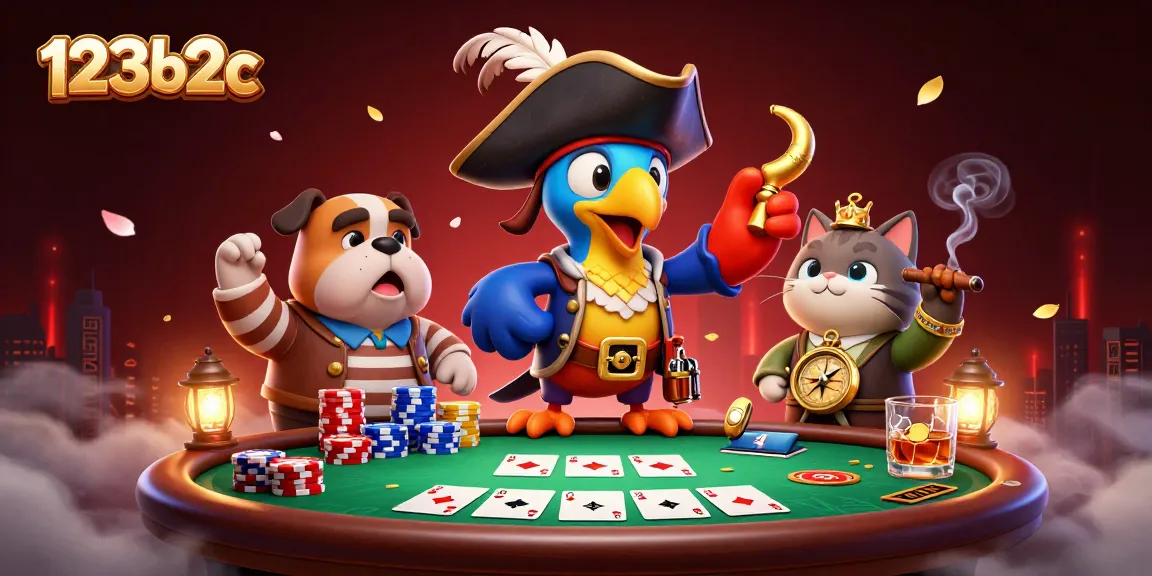Engage in thrilling poker battles with the colorful characters of 123b2c in a dynamic casino scene.