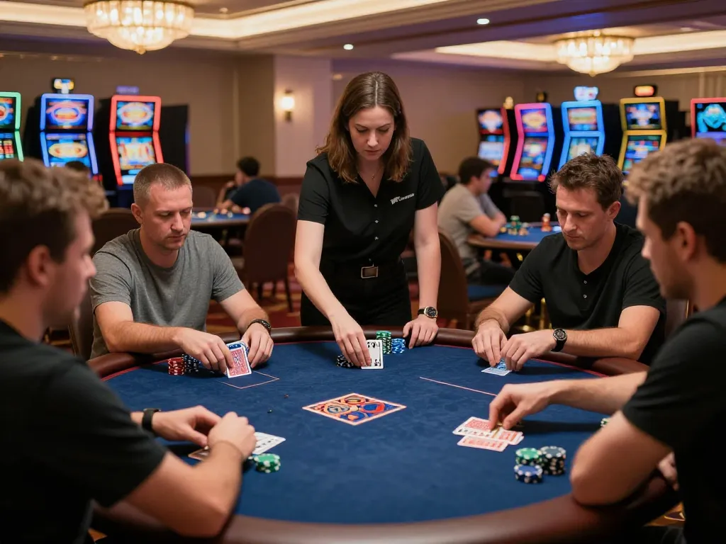 sc88 players strategizing at an upscale poker table in a vibrant casino