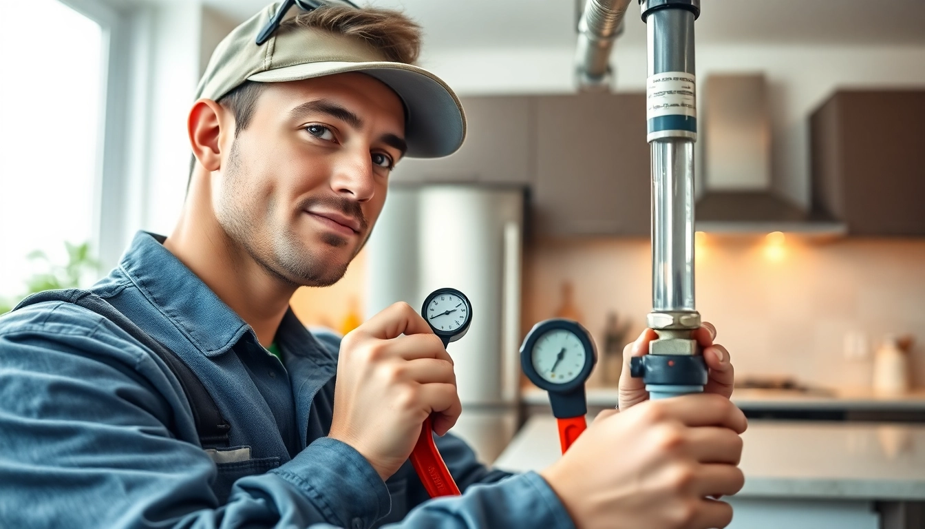 Find a reliable plumber near me fixing a pipe in a modern kitchen.