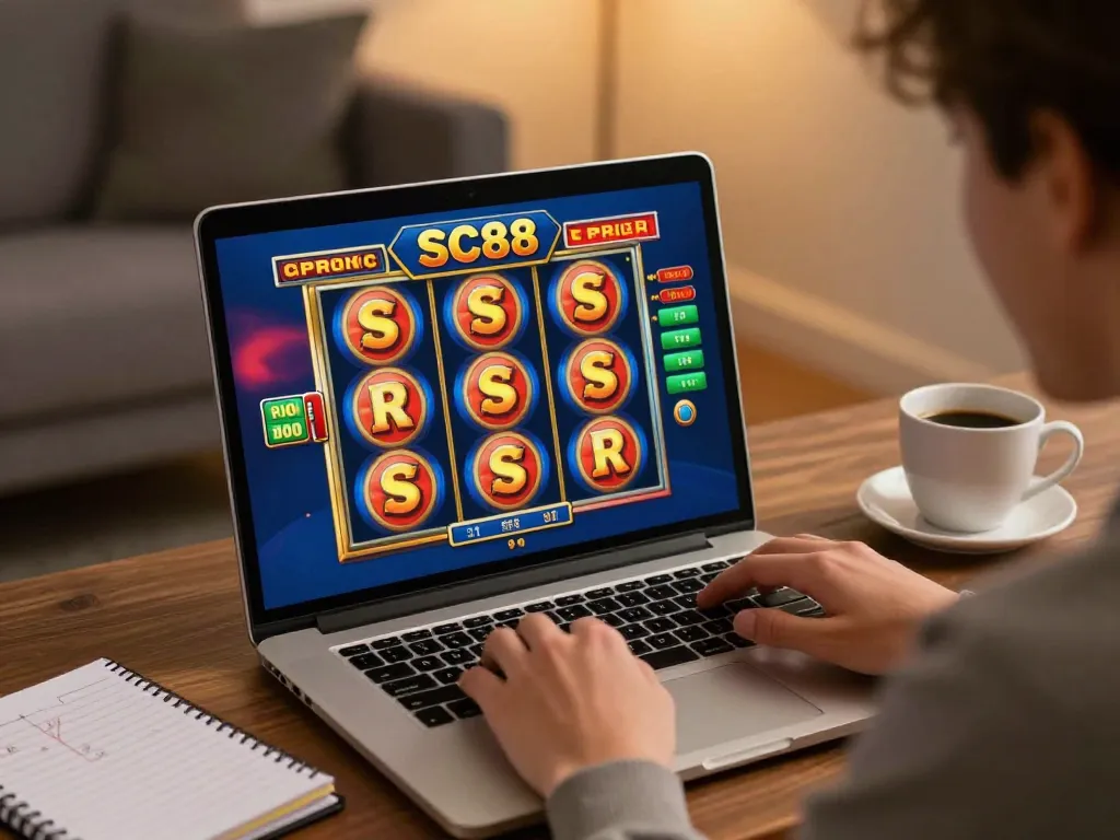 Player enjoying SC88 slot game on laptop, highlighting excitement and responsible gaming