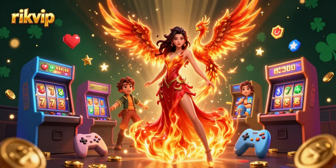 Play exciting games at rikvip while enjoying a vibrant casino-themed illustration featuring animated characters and game elements.