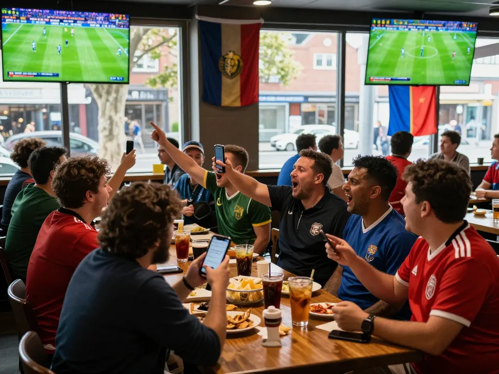 Fans engaged in the live football experience on nowgoal, surrounded by screens and snacks.