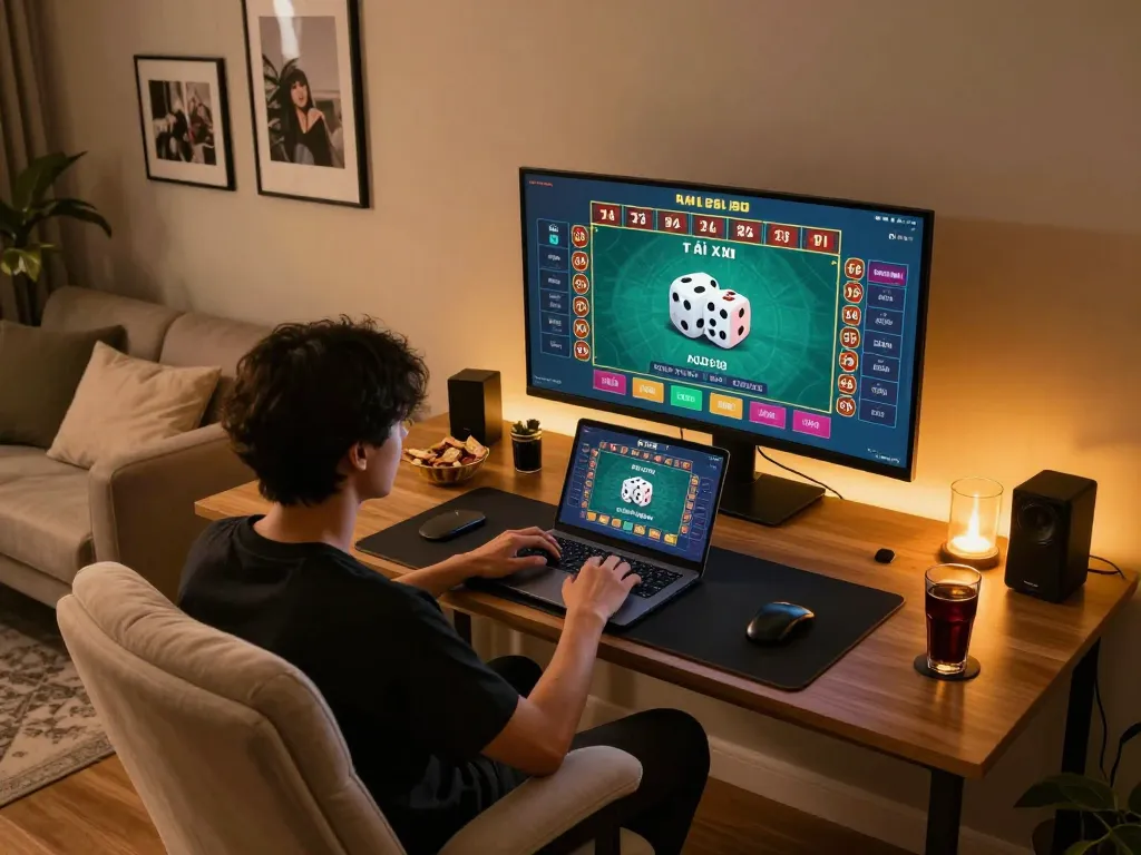 Engaging in tài xỉu online with a modern home gaming setup, featuring a laptop and live gameplay.