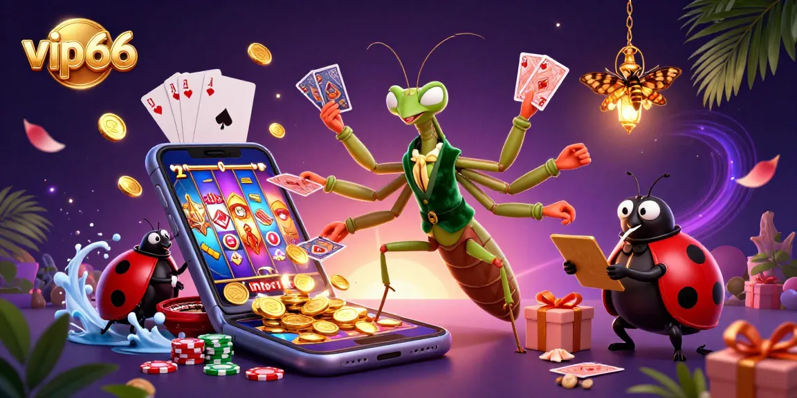 Exciting vip66 casino scene with a mantis dealer, ladybug pit boss, and vibrant gaming elements.