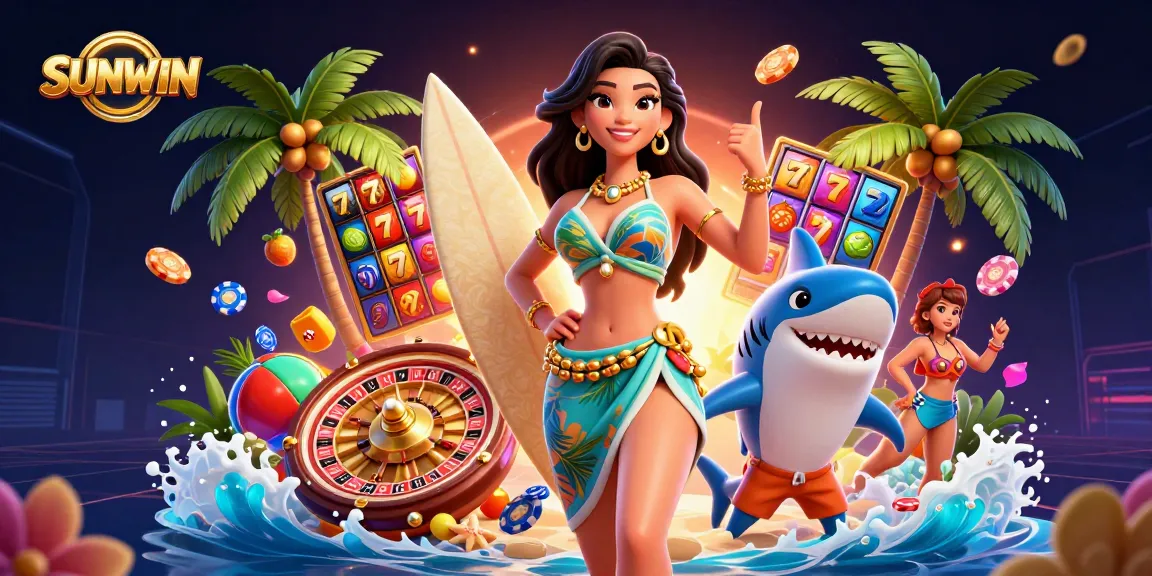 Experience SUNWIN with vibrant 3D illustration featuring a glamorous character surrounded by dynamic slot reels and jackpot symbols.