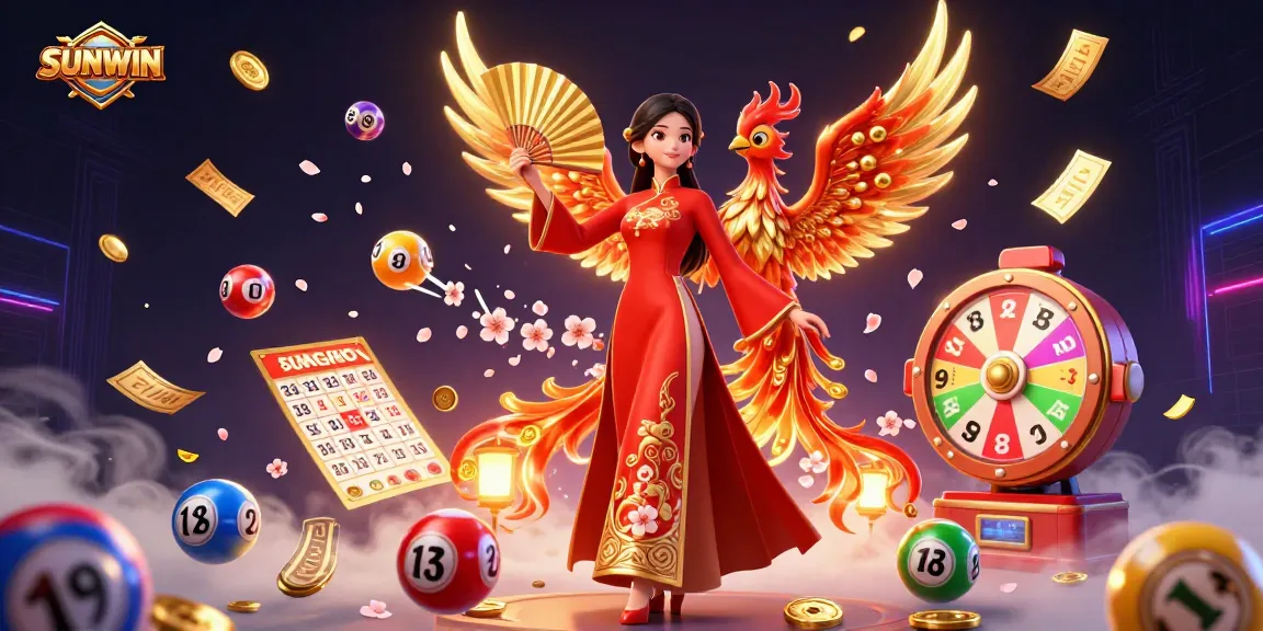 SUNWIN presents a vibrant illustration of a graceful woman in traditional attire and a phoenix amidst colorful casino elements and cherry blossoms.