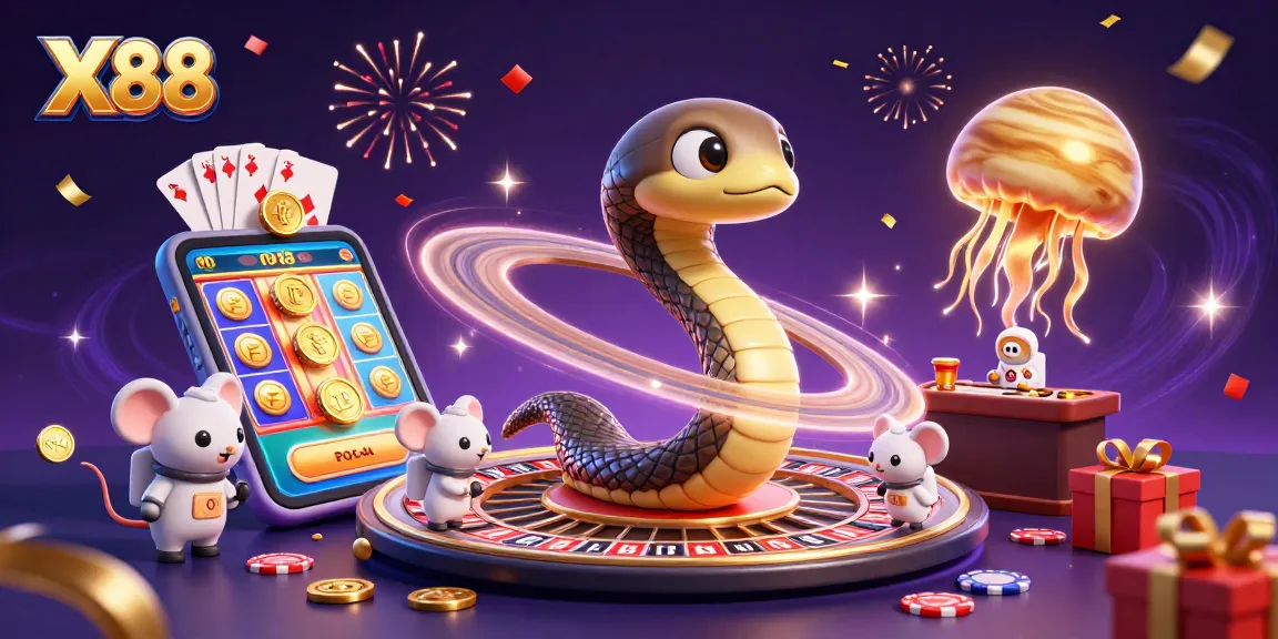 Engage with X88's thrilling casino excitement as astronaut mice bet on a cosmic roulette wheel.