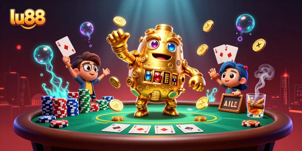 Spin the reels and win at lu88 with a vibrant scene showcasing rich poker elements and a golden golem.