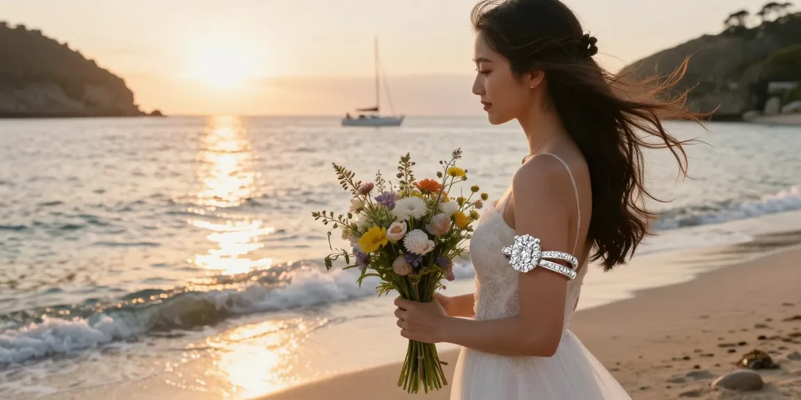 Ethical engagement rings uk showcased on a bride-to-be at a beach sunset, symbolizing love and commitment.