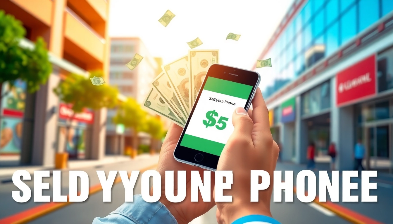 Sell My Phone Instant Cash with a person holding a smartphone and cash coming out, showcasing a modern vibe.