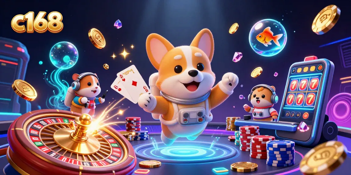 Experience thrilling gameplay at c168 casino with a cartoon astronaut corgi in a vivid space station.