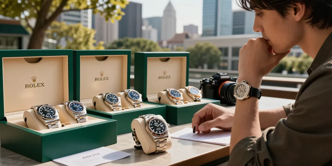 Luxury watch aficionado examines Rolex replica collection in a stylish urban setting.