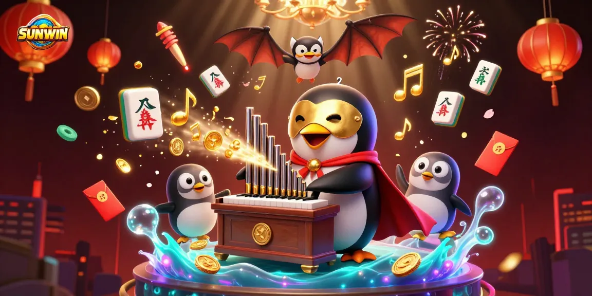SUNWIN offers an exhilarating gaming experience with a penguin character playing a golden organ, surrounded by engaging casino elements