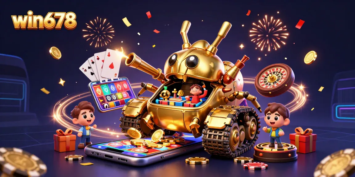 Win678 transforms play with an exciting casino tank illustration filled with games and vibrant elements.