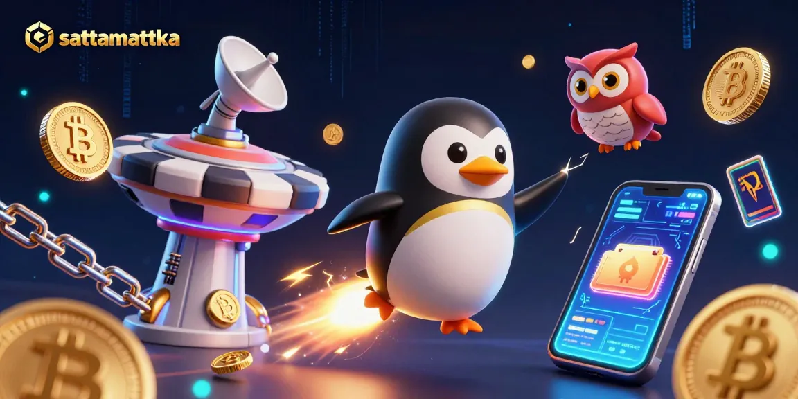 Experience the excitement of sattamattka with a dynamic casino scene featuring a golden penguin and crypto elements.