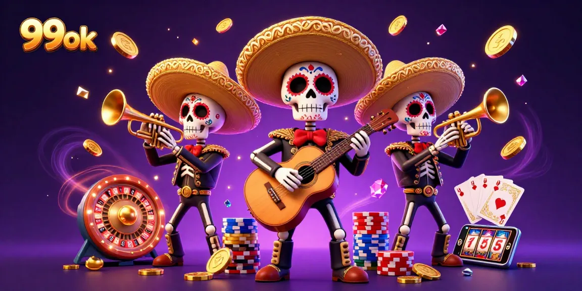 Experience thrilling games at 99ok with vibrant mariachi characters amid flying coins and cards.