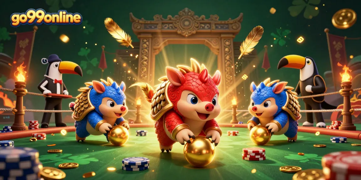 Experience excitement with go99online as rival pangolins roll through poker chips in a dynamic gaming scene.