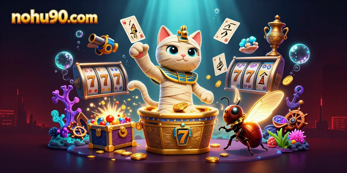Burst into action at nohu90com with a colorful Egyptian casino scene featuring mystic characters and vibrant slot elements.