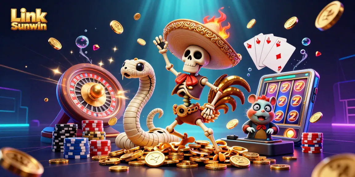 Experience the excitement of Link Sunwin with a festive and dynamic casino scene featuring vibrant characters and game elements.