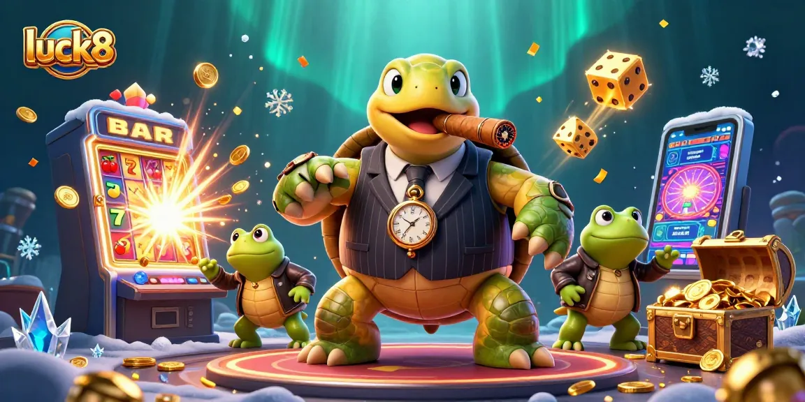 Engage with luck8's thrilling gaming scene featuring a snapping turtle and bullfrog enforcers celebrating jackpots.
