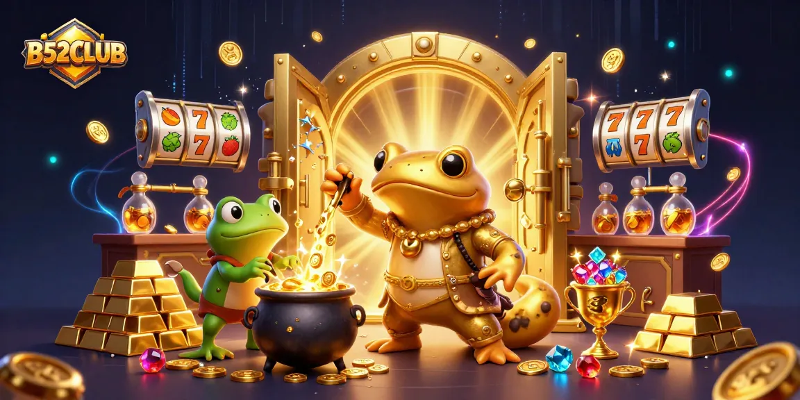 B52CLUB engages players with 3D cartoon alchemist turning metals into gold, surrounded by slots and treasures.