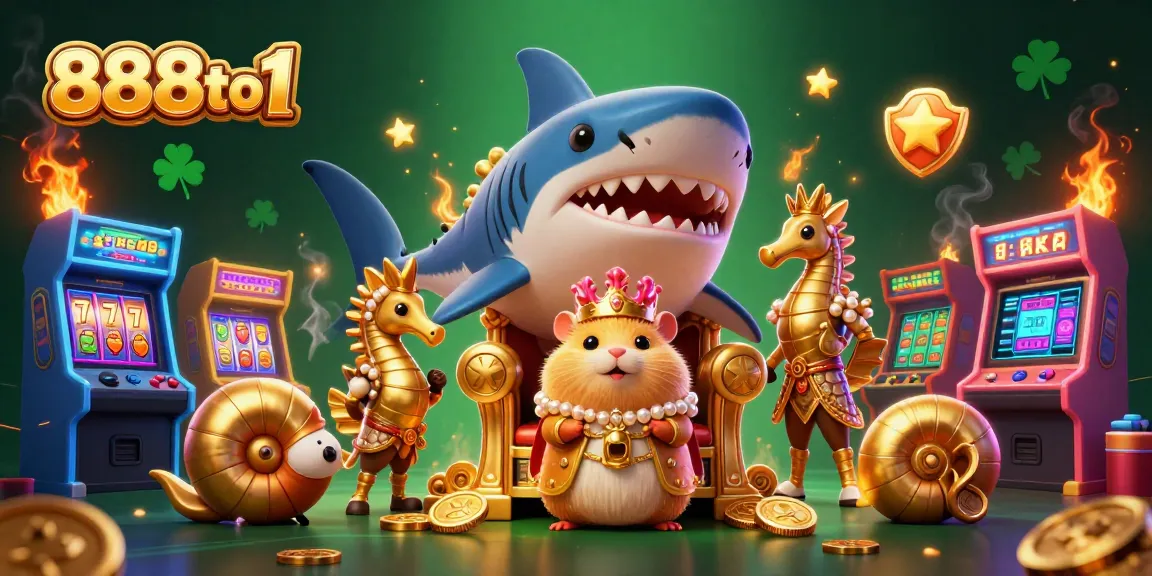 Experience thrilling gameplay at 888to1 with vibrant slot reels, golden hamster king, and seahorse guards.