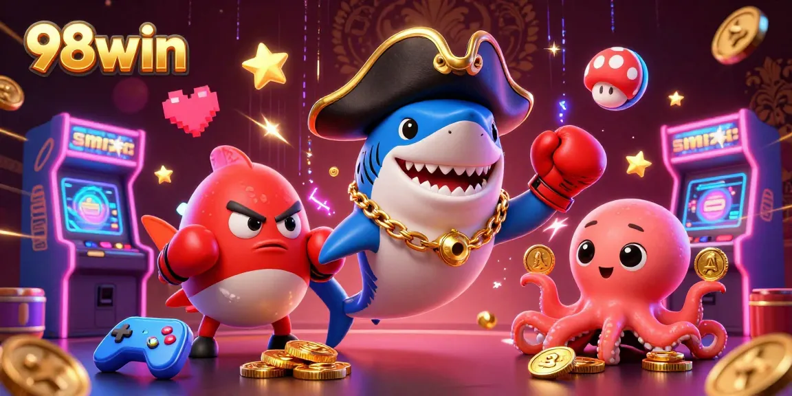 Experience the excitement of 98win with pirate characters amidst vibrant casino-themed elements.