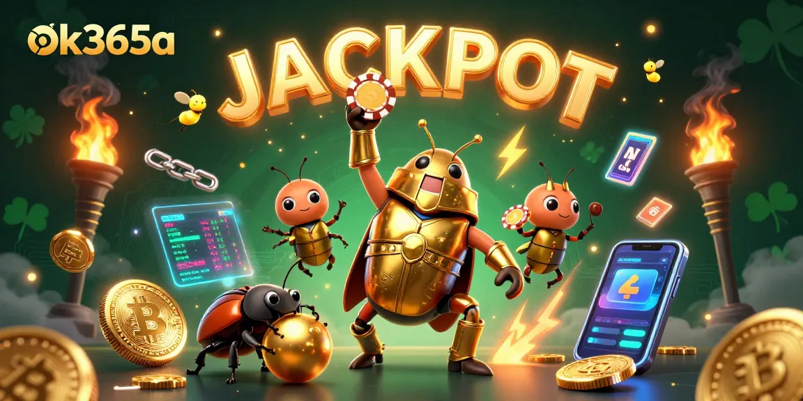 Engage with ok365a's thrilling jackpot scene featuring a victorious beetle champion in 3D glory.