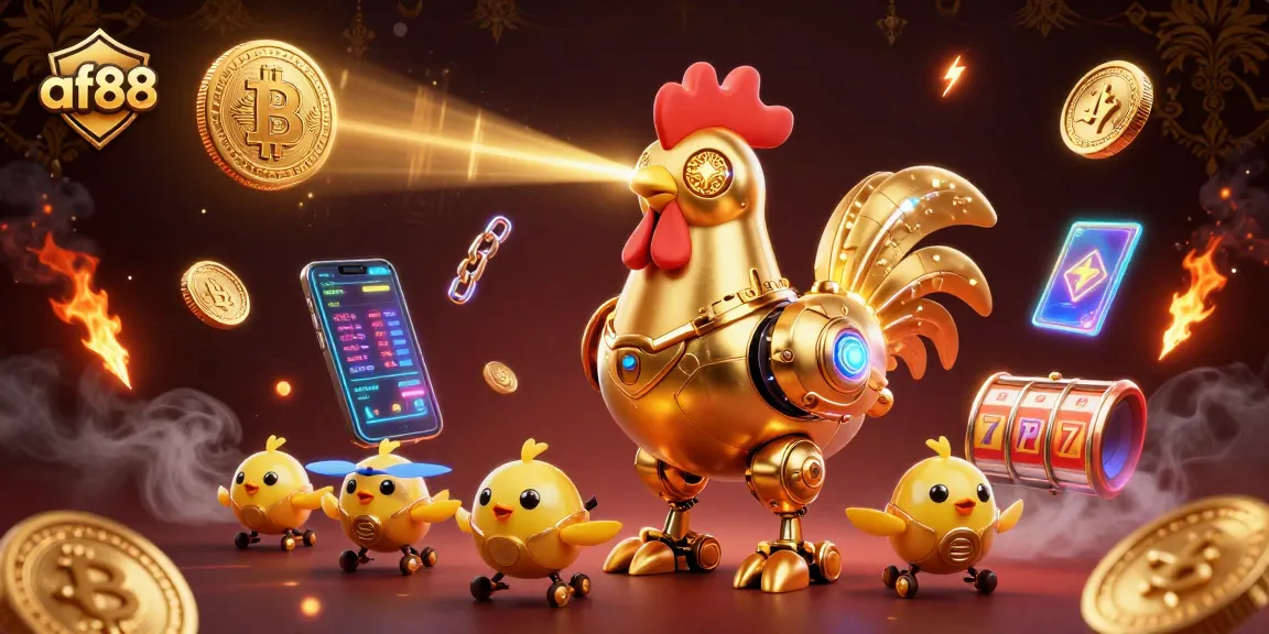 Spin the reels at af88 with a retro-futuristic rooster and baby chick drones amidst glorious crypto elements.