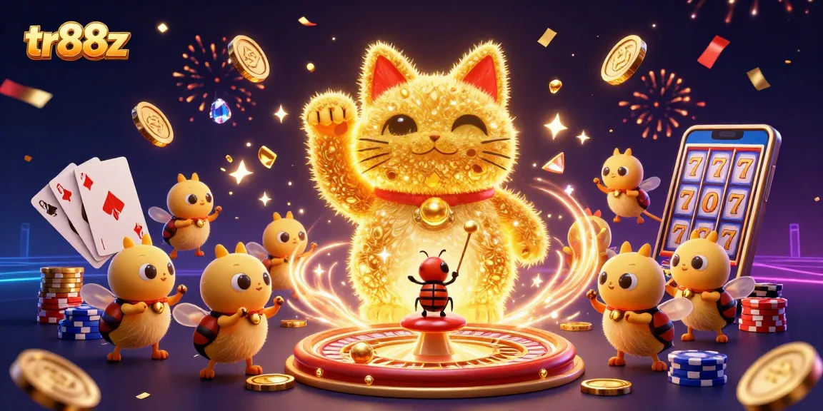Experience the thrill of tr88z with a dynamic digital scene showcasing a lucky cat, casino symbols, and vibrant gaming elements.