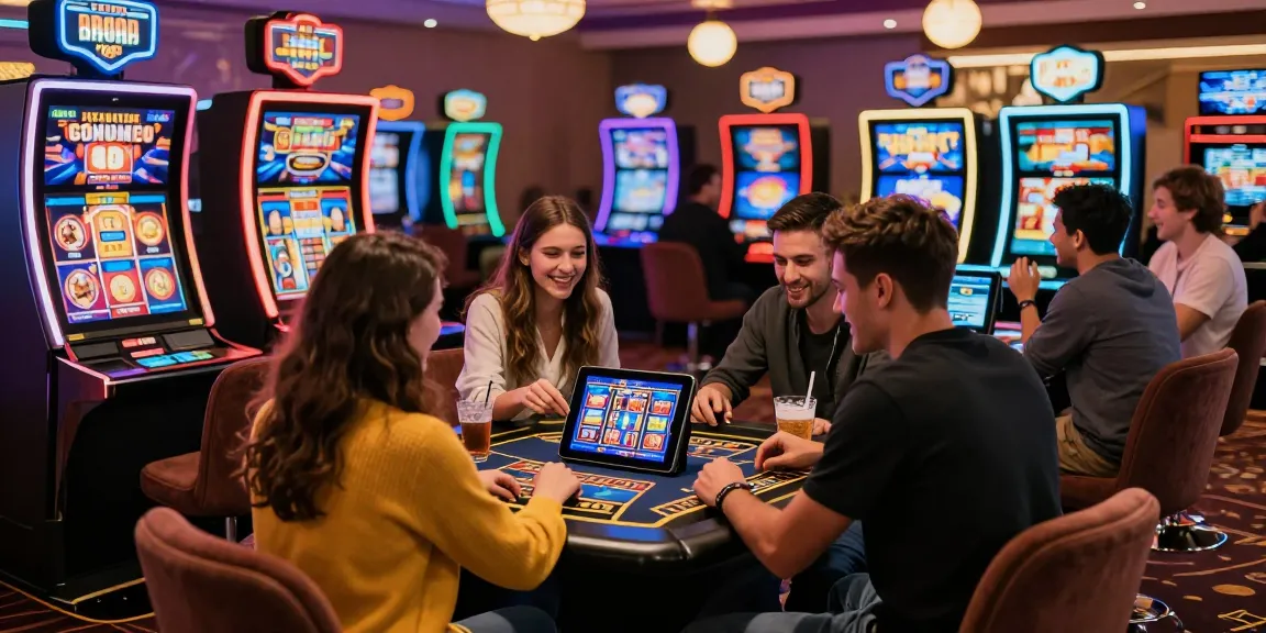 Enjoying thrilling games at credit card casinos with friends, lively atmosphere, vibrant casino lights, exciting slot wins.