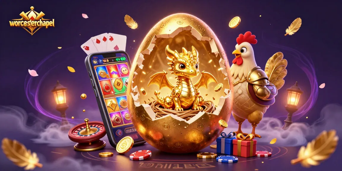 Play exciting games at worcesterchapel, featuring a golden baby dragon with poker chips amidst festive gaming elements.