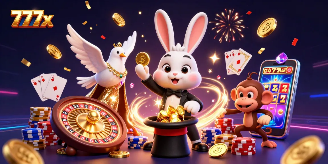 Engage in the thrill of 777x as a magician rabbit unveils treasure in this vibrant casino scene.