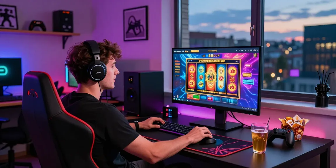 Excited gamer playing at new UK slot sites with colorful graphics and snacks on a stylish desk.