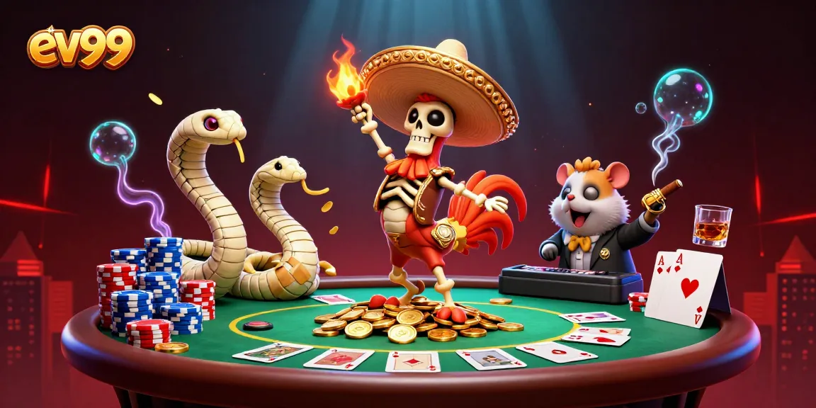 ev99 vibrant digital illustration showing a festive scene with cartoon characters engaging in gambling.