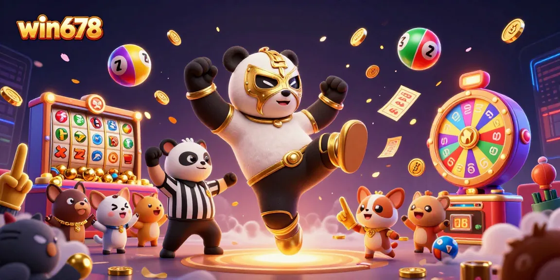 Experience thrilling action at win678 with a dynamic 3D illustration of a wrestling panda and casino elements.