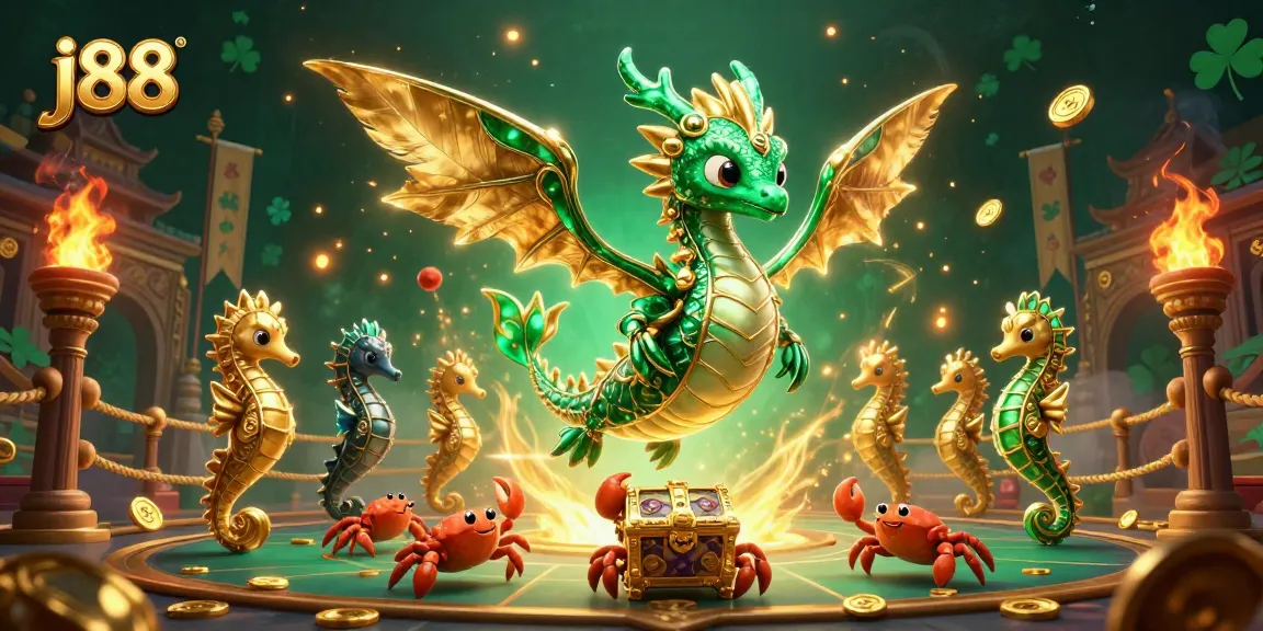 Engage in thrilling bets with the j88 platform, surrounded by dynamic casino elements and intricate sea dragon imagery.