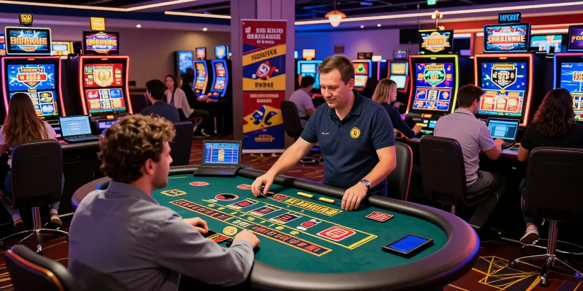 UK players enjoying non UK casinos for UK players with lively casino atmosphere, gaming tables, and promotional banners.