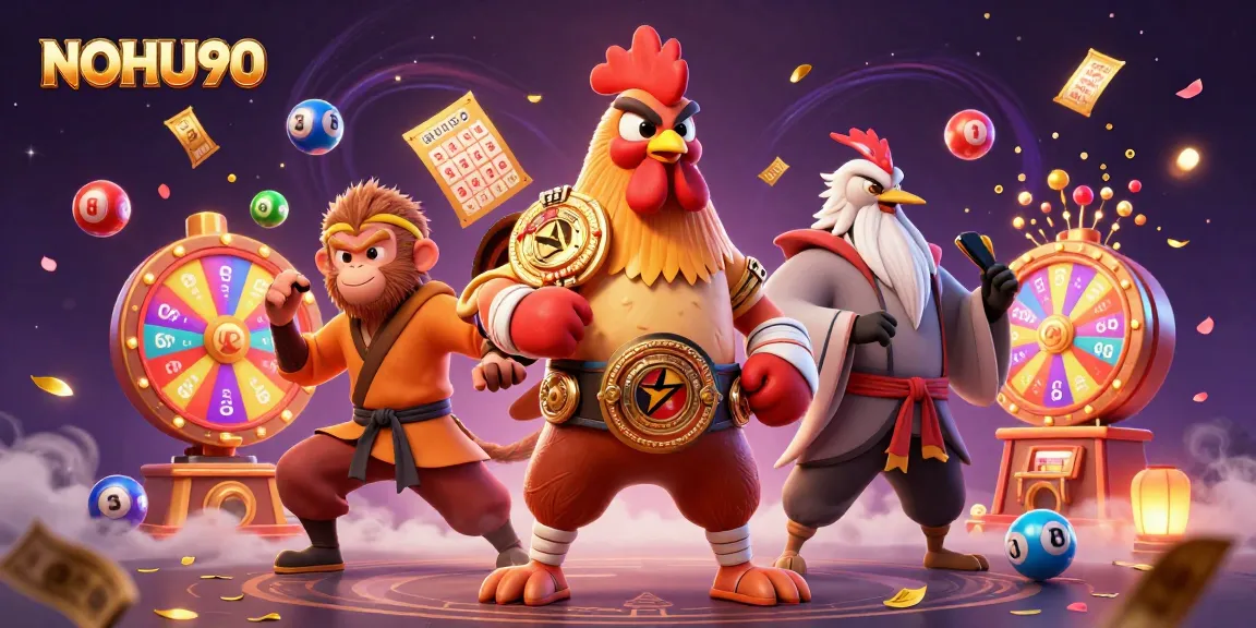 Engage with NOHU90's vibrant casino experience featuring animated characters and lottery elements.