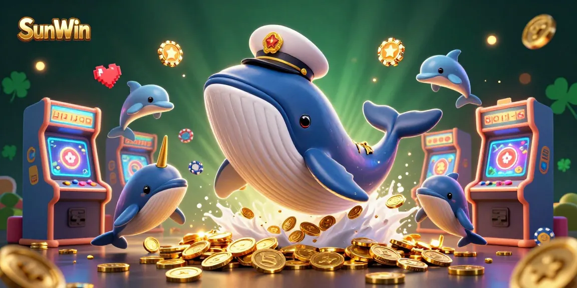 Engage with SunWin's vibrant gaming scenes featuring a whale, narwhal, and dolphins with coins and poker chips.