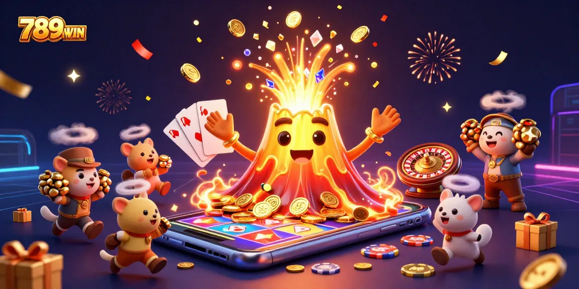 Experience the thrilling eruption of treasures with 789WIN's vibrant gaming elements and joyous celebration.