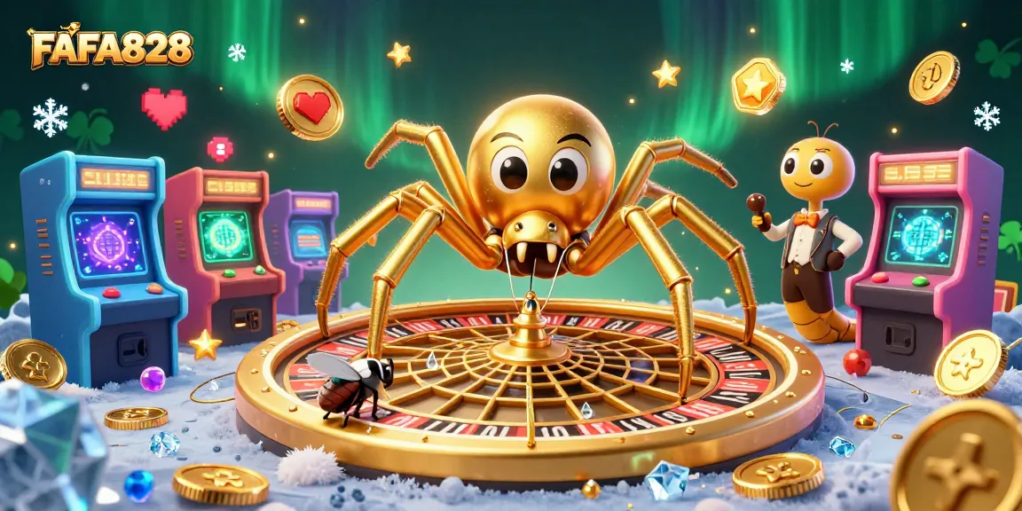 Experience the thrill of FAFA828 with a golden spider and centipede in a vibrant casino web scene.