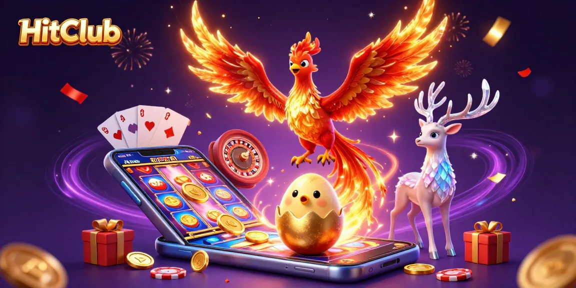 HitClub features a vibrant scene with a fire phoenix and gaming elements celebrating casino wins.
